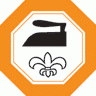 Logo Textilreiniger-Innung Berlin-Brandenburg Schwarzes Bügeleisen-Symbol mit einer Lilie auf orangefarbenem Hintergrund.