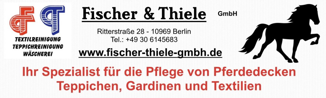 Logo der Firma Fischer & Thiele mit Slogan über Pflegeprodukte für Pferde.
